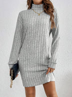 Ribbed Turtleneck Mini Jumper Dress with Long Sleeves
