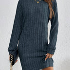 Ribbed Turtleneck Mini Jumper Dress with Long Sleeves