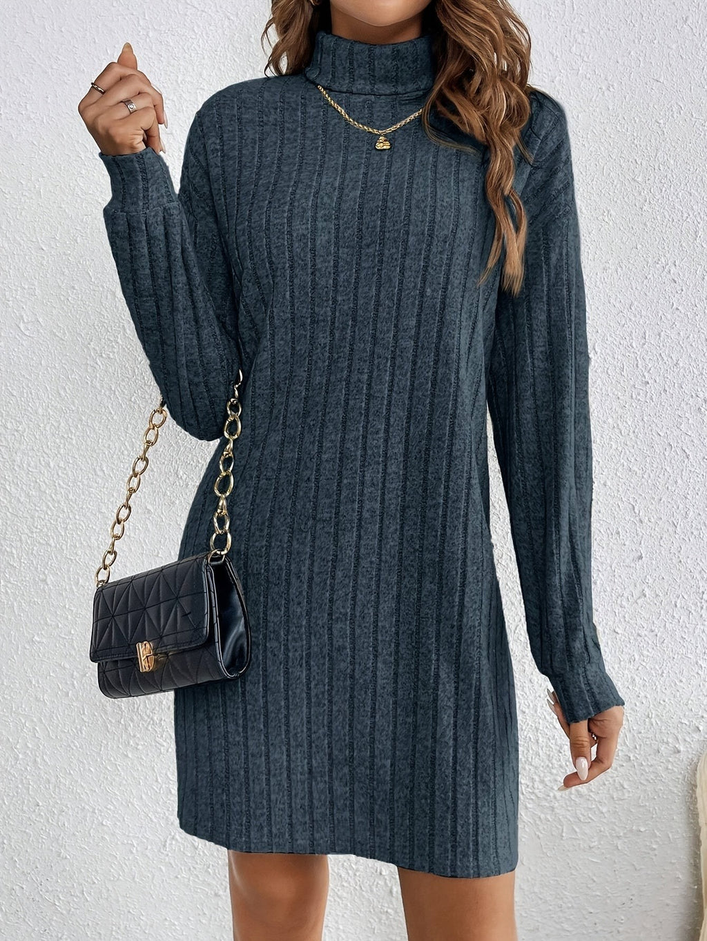 Ribbed Turtleneck Mini Jumper Dress with Long Sleeves
