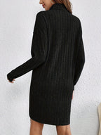 Ribbed Turtleneck Mini Jumper Dress with Long Sleeves