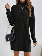 Ribbed Turtleneck Mini Jumper Dress with Long Sleeves