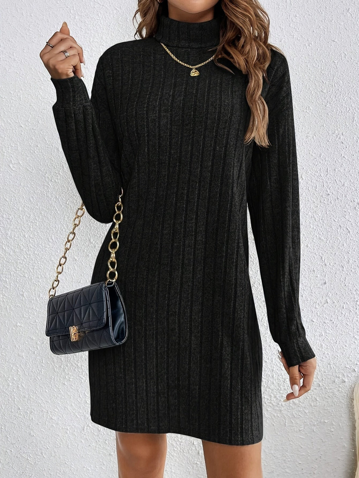 Ribbed Turtleneck Mini Jumper Dress with Long Sleeves