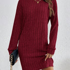 Ribbed Turtleneck Mini Jumper Dress with Long Sleeves