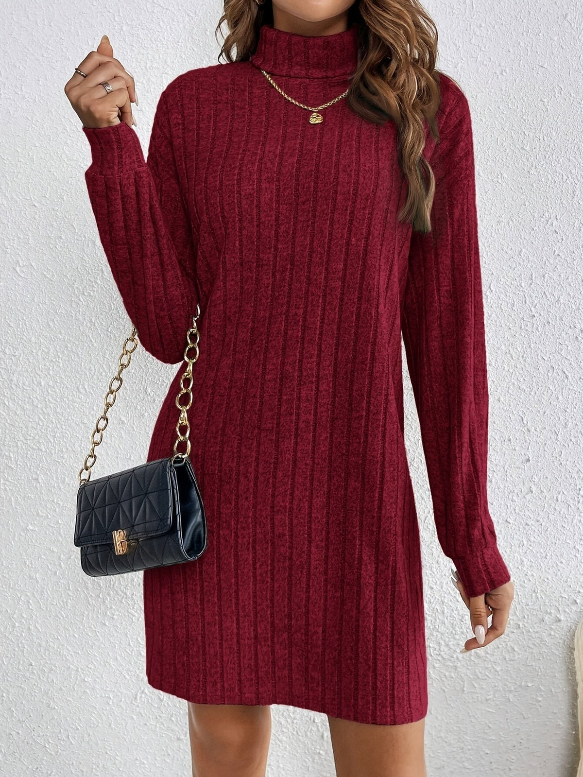 Ribbed Turtleneck Mini Jumper Dress with Long Sleeves