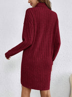 Ribbed Turtleneck Mini Jumper Dress with Long Sleeves