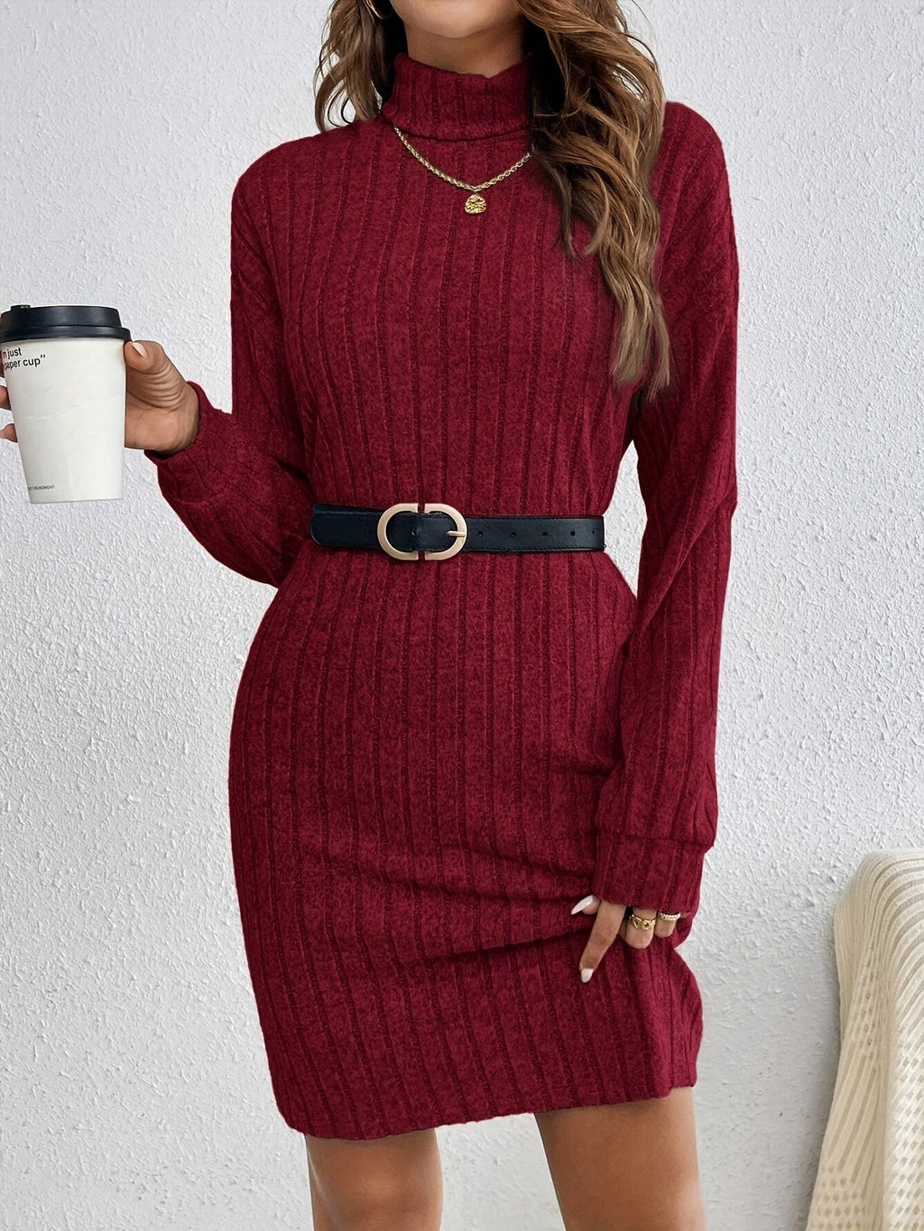Ribbed Turtleneck Mini Jumper Dress with Long Sleeves