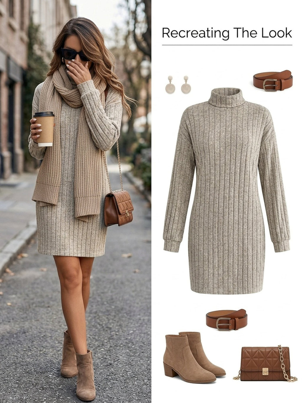 Ribbed Turtleneck Mini Jumper Dress with Long Sleeves