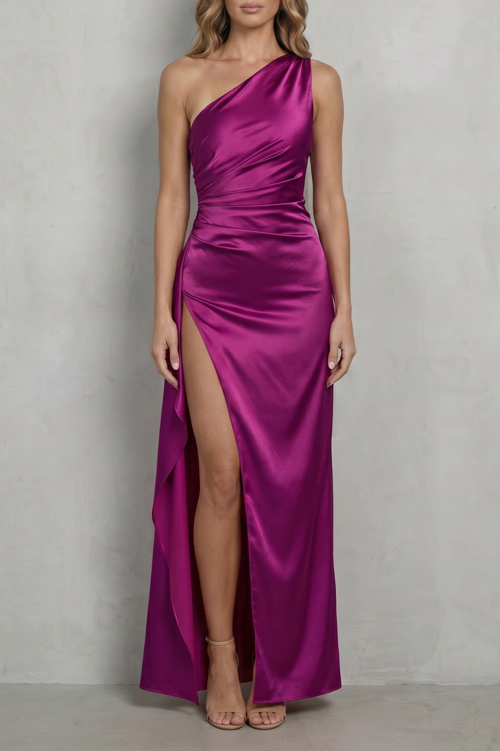Satin One Shoulder Christmas Party Dress with Thigh Split