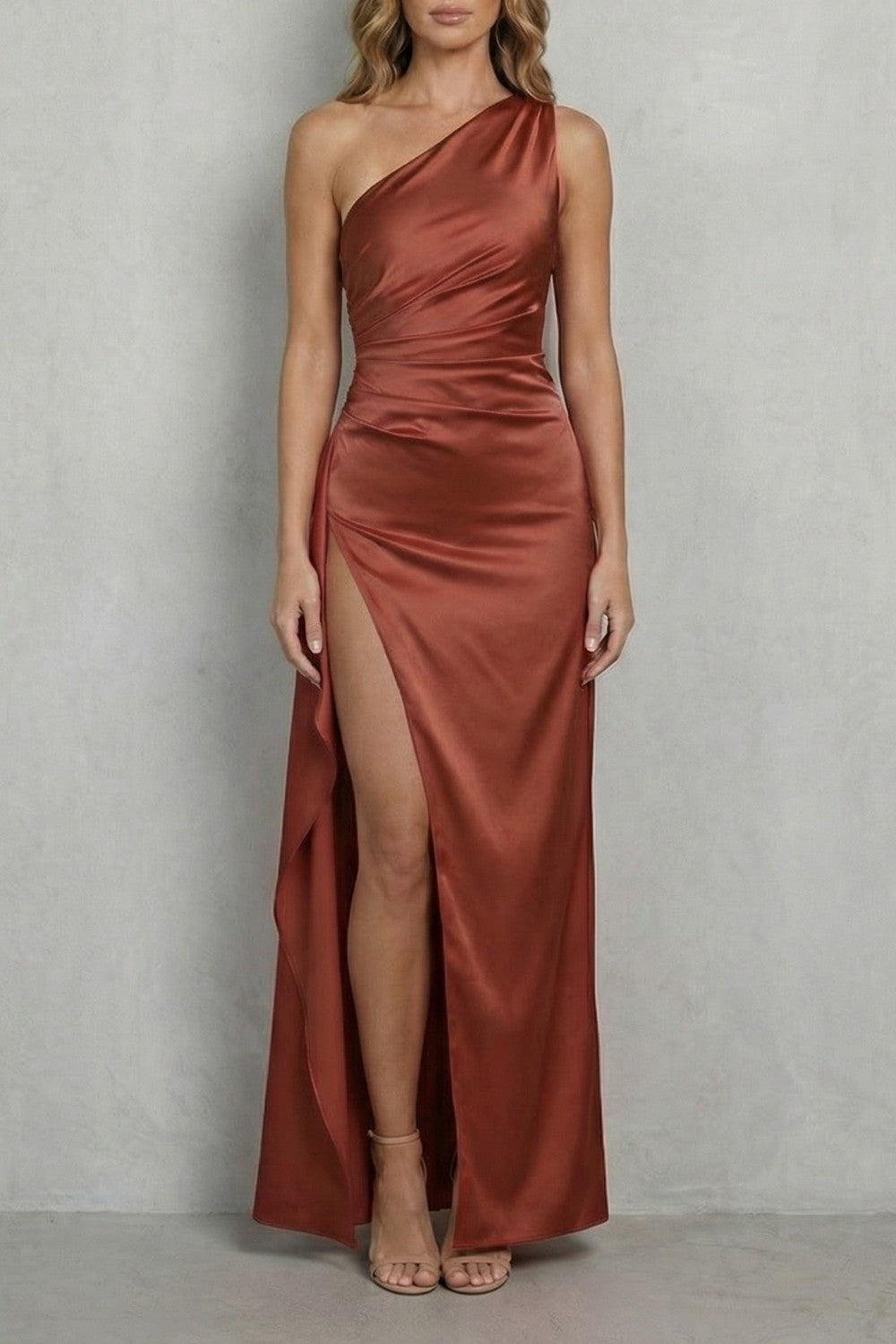 Satin One Shoulder Christmas Party Dress with Thigh Split
