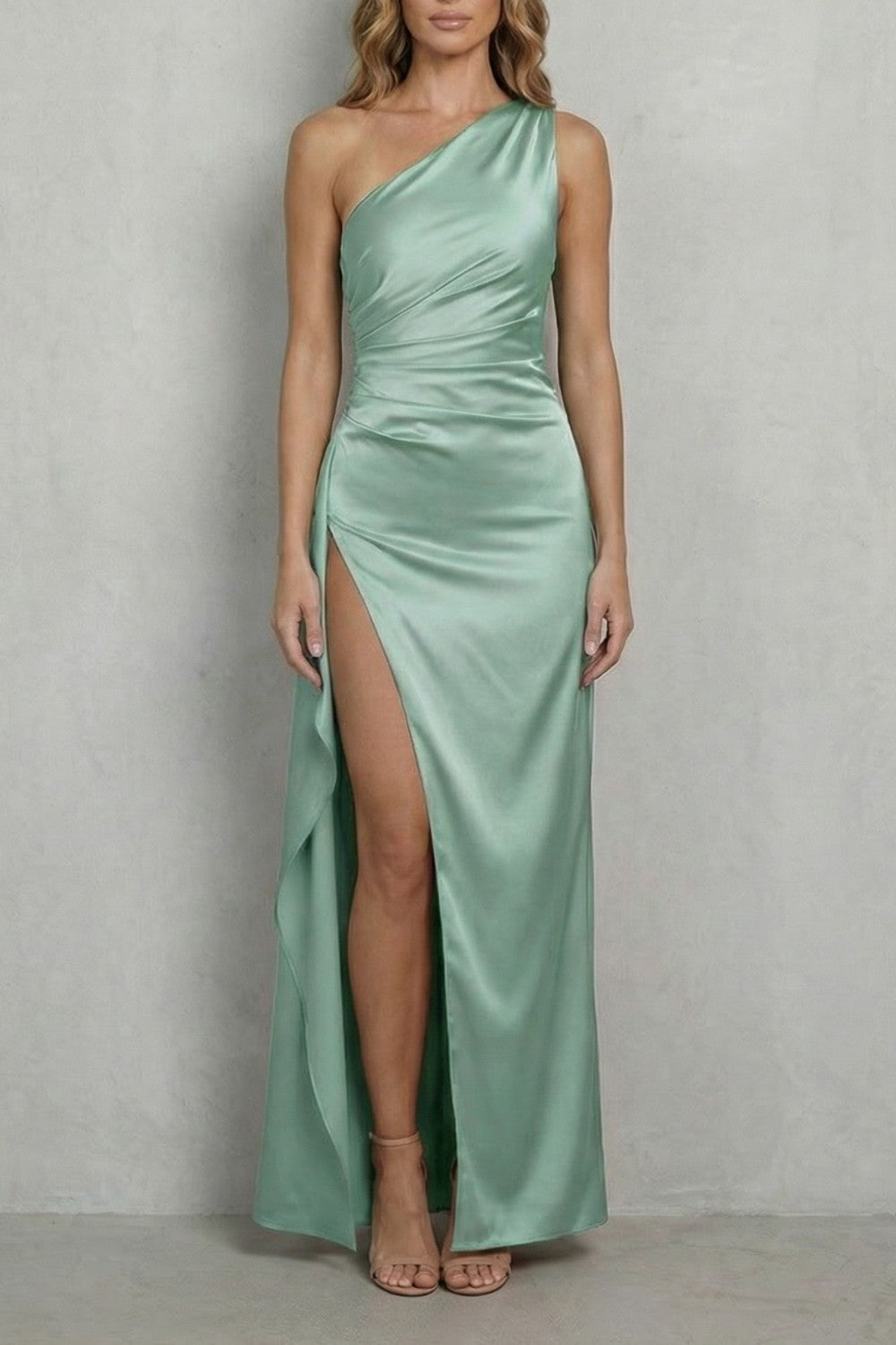 Satin One Shoulder Christmas Party Dress with Thigh Split