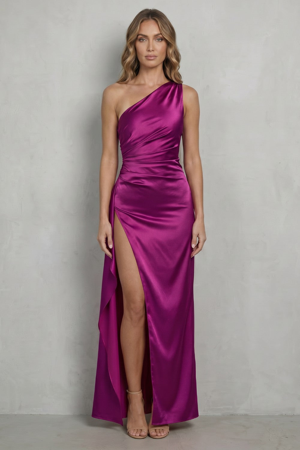 Satin One Shoulder Christmas Party Dress with Thigh Split