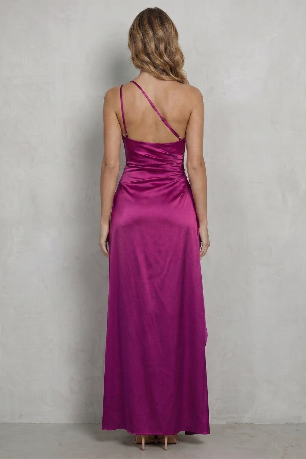 Satin One Shoulder Christmas Party Dress with Thigh Split