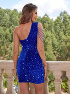 Sequin Dress with One-Shoulder Chain Detail