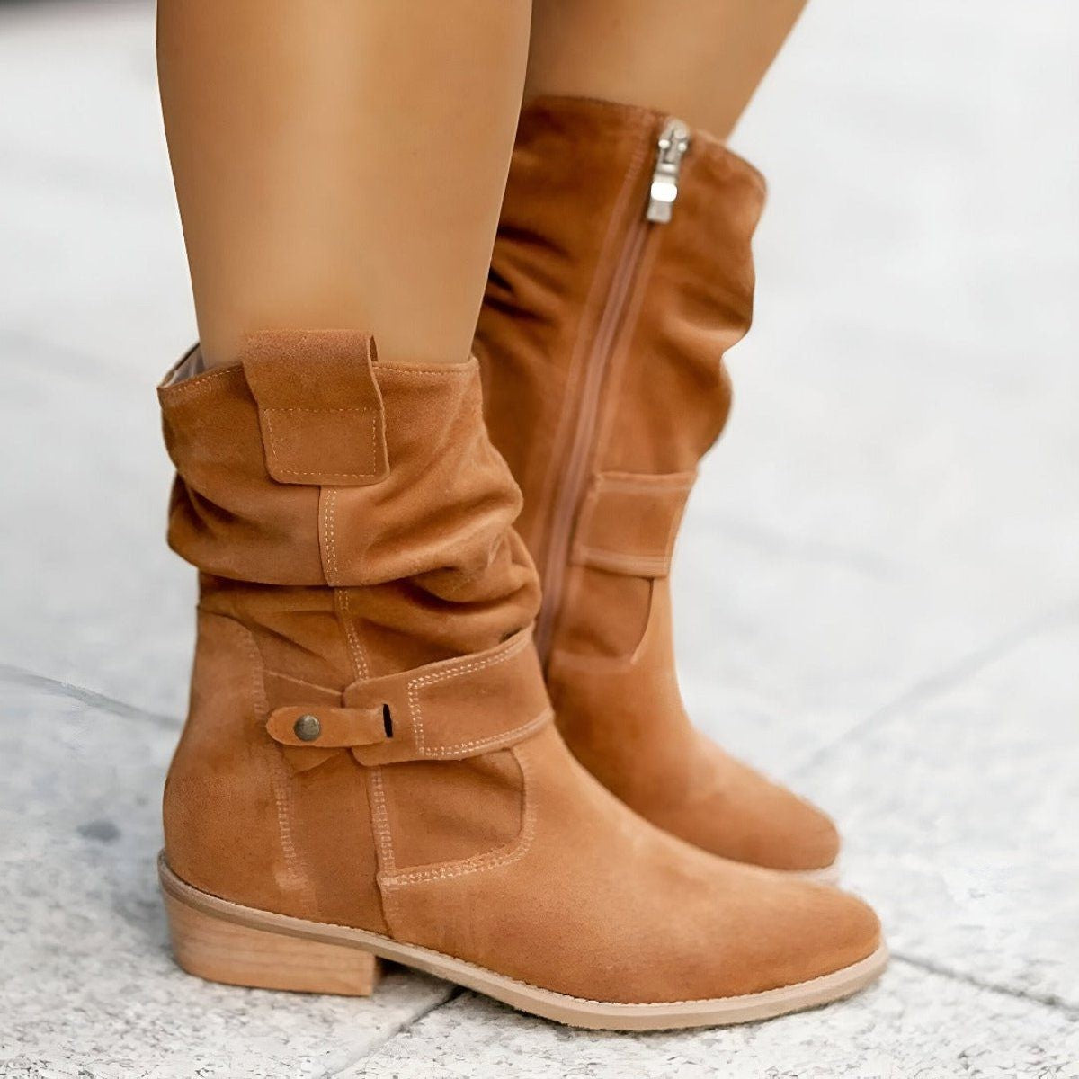 Slouchy Faux Suede Mid-Calf Boots with Block Heel