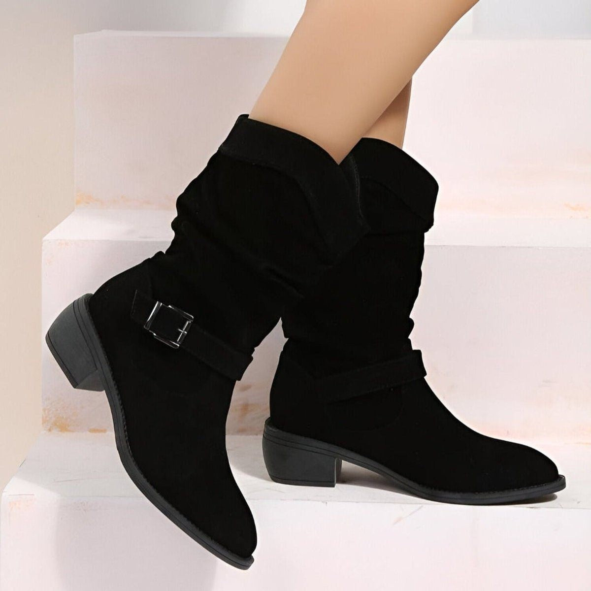 Slouchy Faux Suede Mid-Calf Boots with Block Heel
