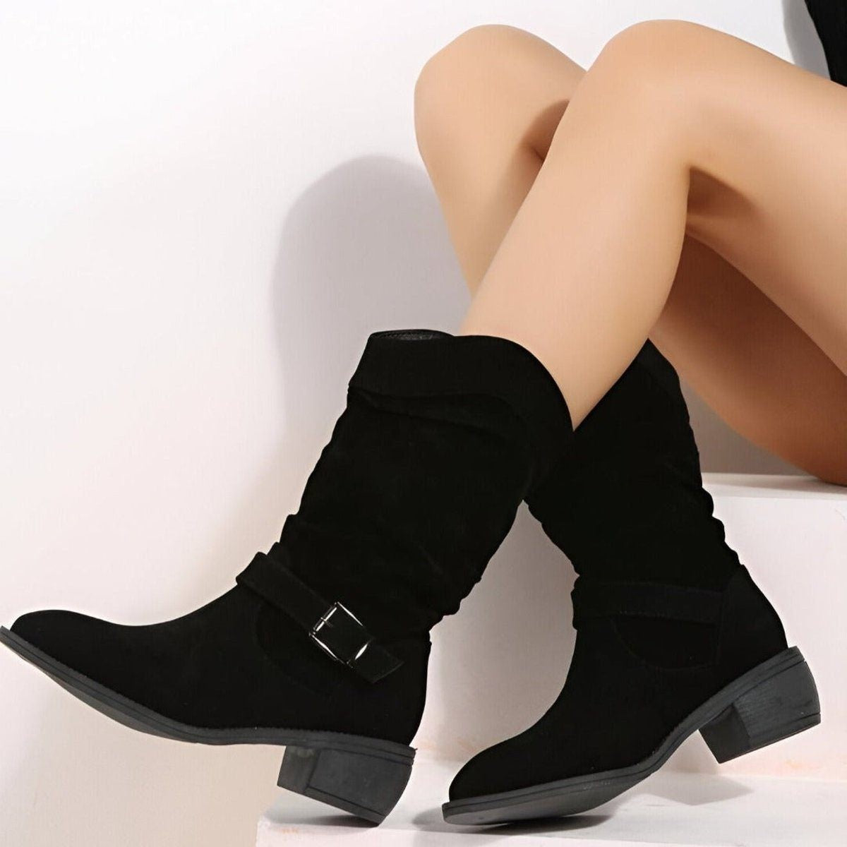 Slouchy Faux Suede Mid-Calf Boots with Block Heel
