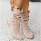 Slouchy Heeled Knee High Boots with Block Heel and Side Zip