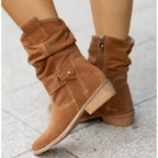 Slouchy Heeled Knee High Boots with Block Heel and Side Zip