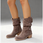 Slouchy Heeled Knee High Boots with Block Heel and Side Zip