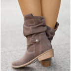 Slouchy Heeled Knee High Boots with Block Heel and Side Zip