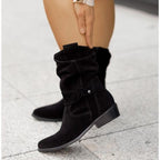 Slouchy Heeled Knee High Boots with Block Heel and Side Zip