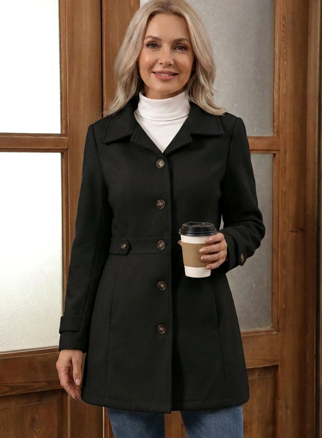Women's Belted Coat with A-Line Skirt, Mid-Thigh Length
