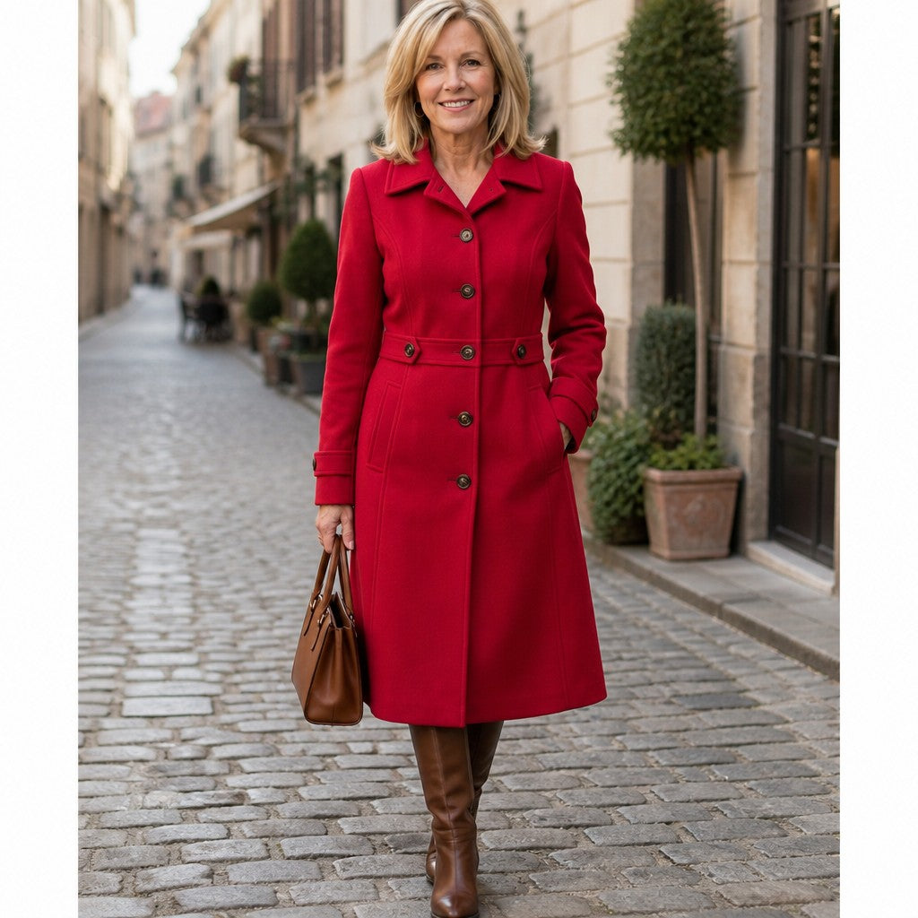 Women's Belted Coat with A-Line Skirt, Mid-Thigh Length