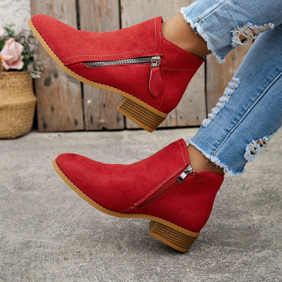 Women's Block Heel Ankle Boots with Side Zip