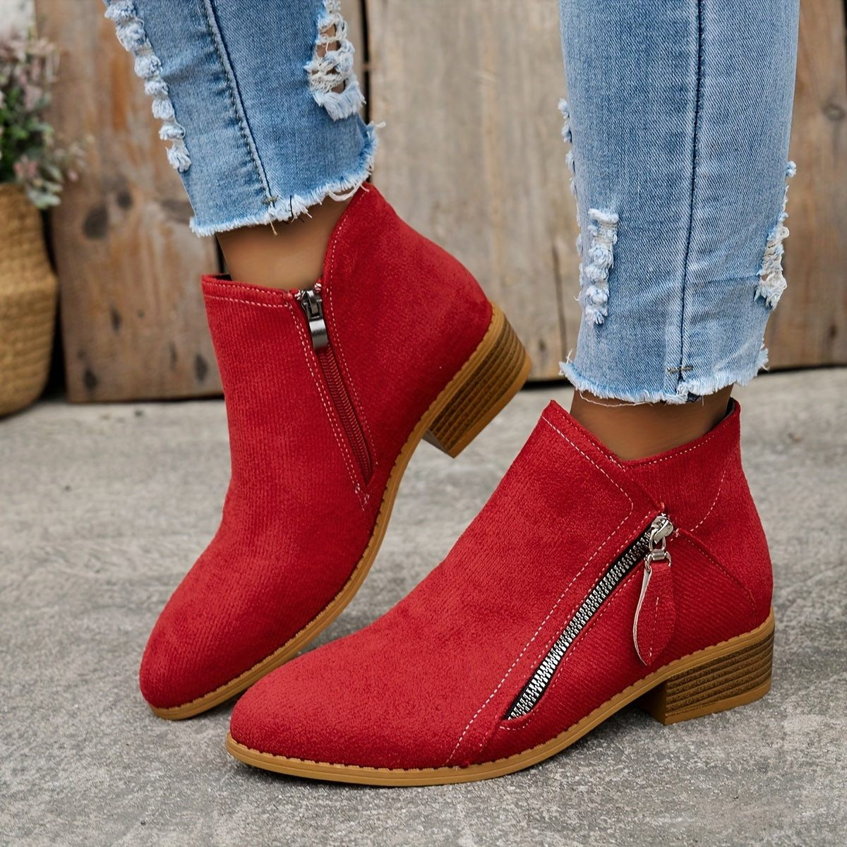 Women's Block Heel Ankle Boots with Side Zip