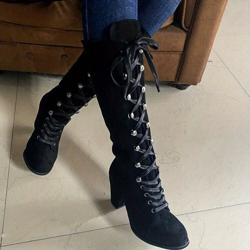 Women's Chunky Heel Lace-Up Knee High Boots