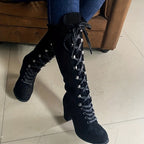 Women's Chunky Heel Lace-Up Knee High Boots