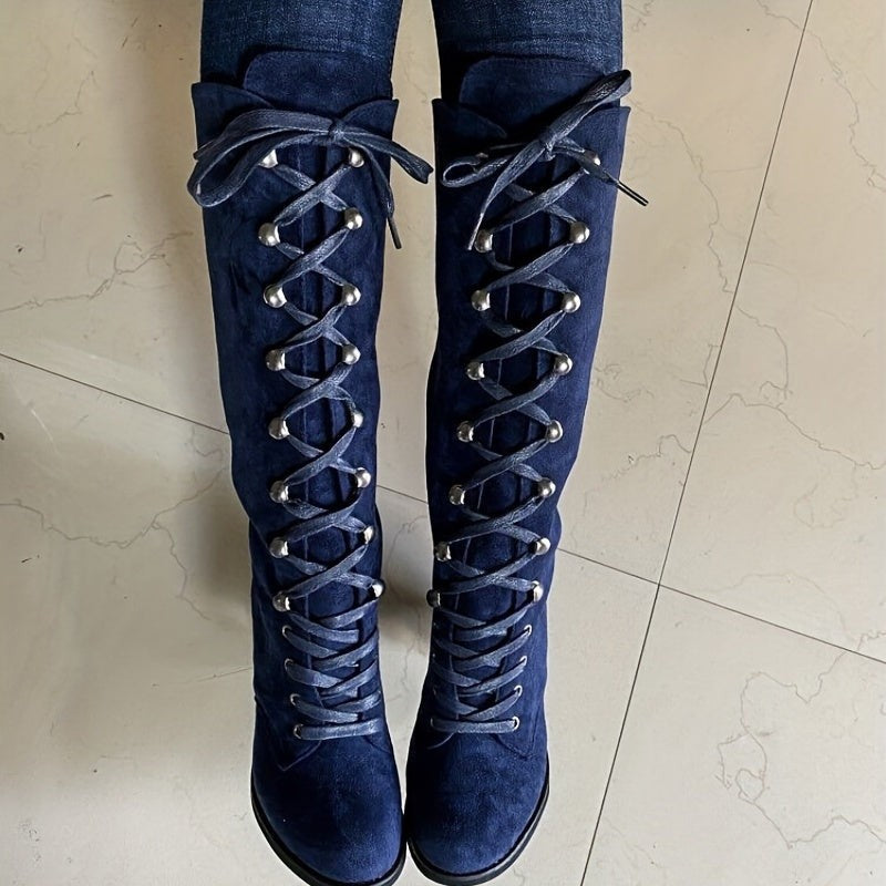 Women's Chunky Heel Lace-Up Knee High Boots