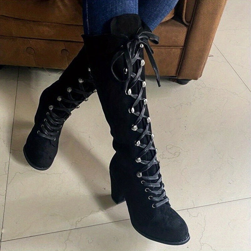 Women's Chunky Heel Lace-Up Knee High Boots