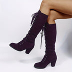 Women's Chunky Heel Lace-Up Knee High Boots