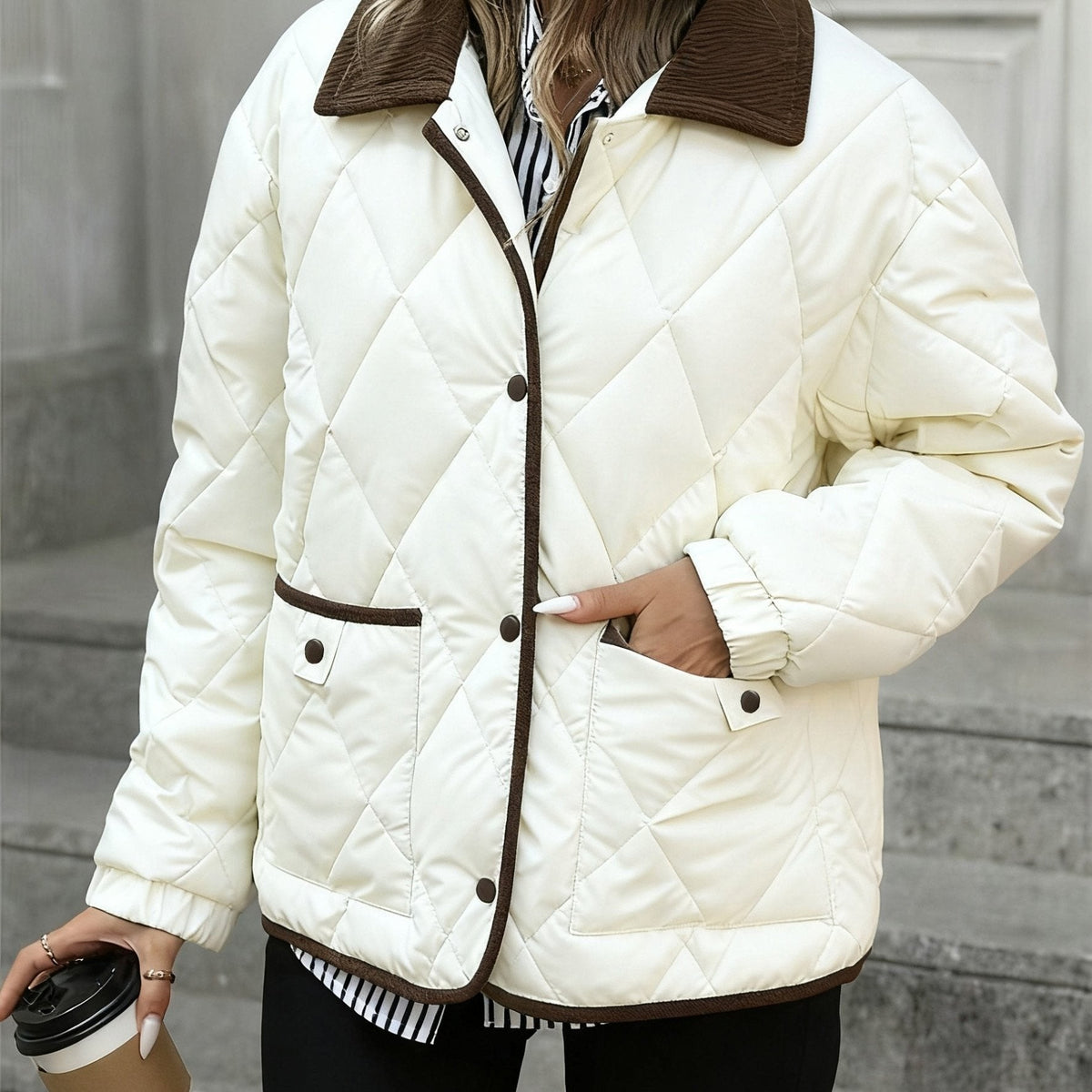 Women's Diamond Quilted Padded Jacket with Corduroy Collar