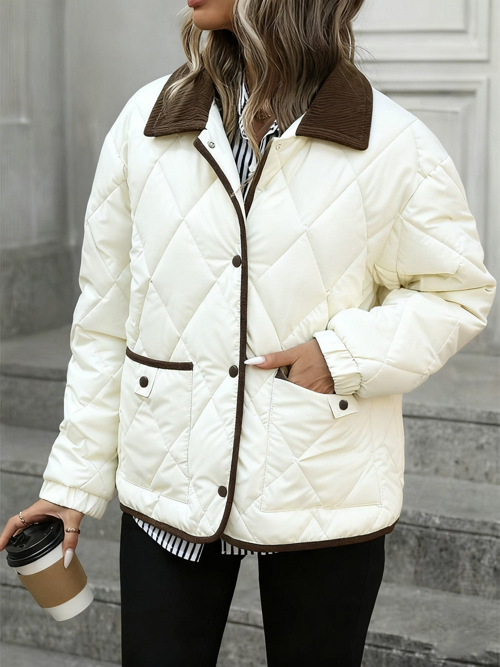 Women's Diamond Quilted Padded Jacket with Corduroy Collar