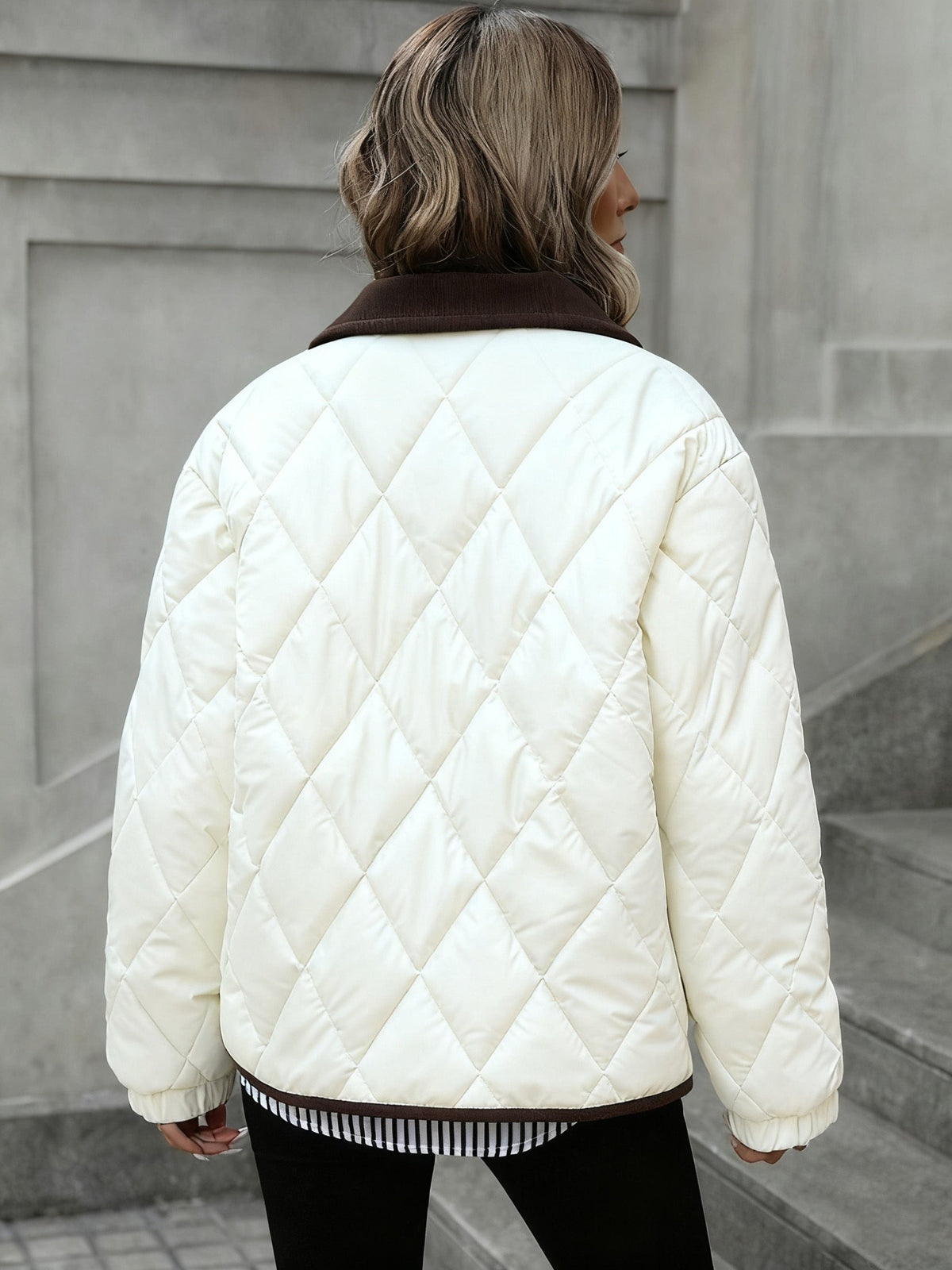 Women's Diamond Quilted Padded Jacket with Corduroy Collar