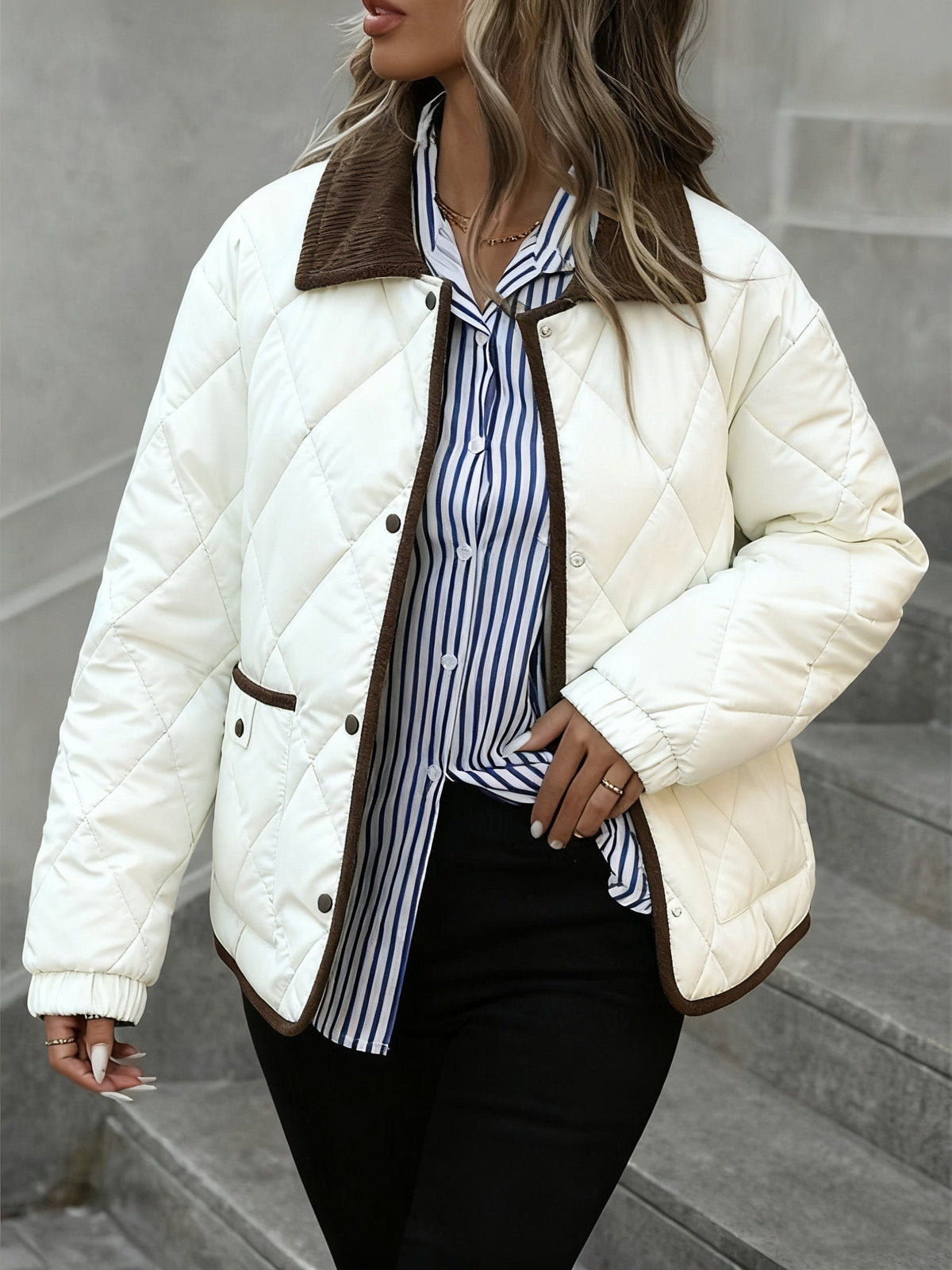 Women's Diamond Quilted Padded Jacket with Corduroy Collar