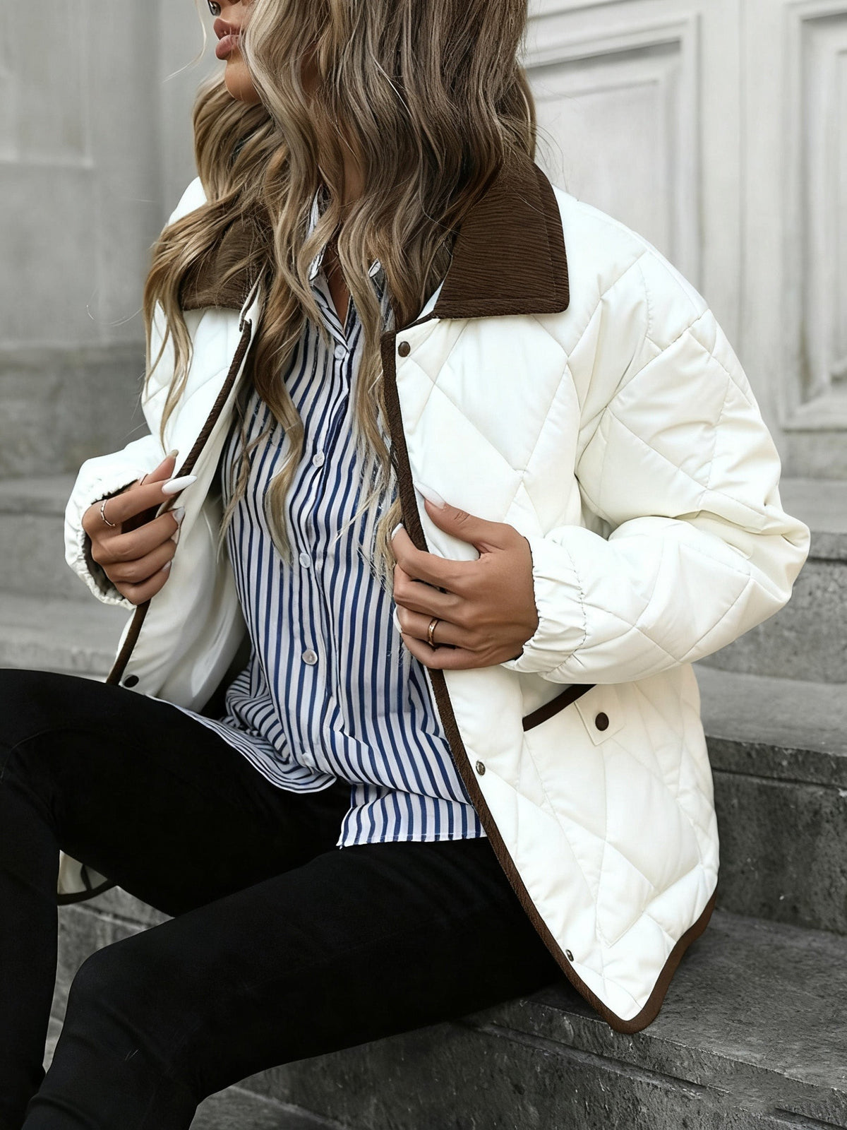 Women's Diamond Quilted Padded Jacket with Corduroy Collar