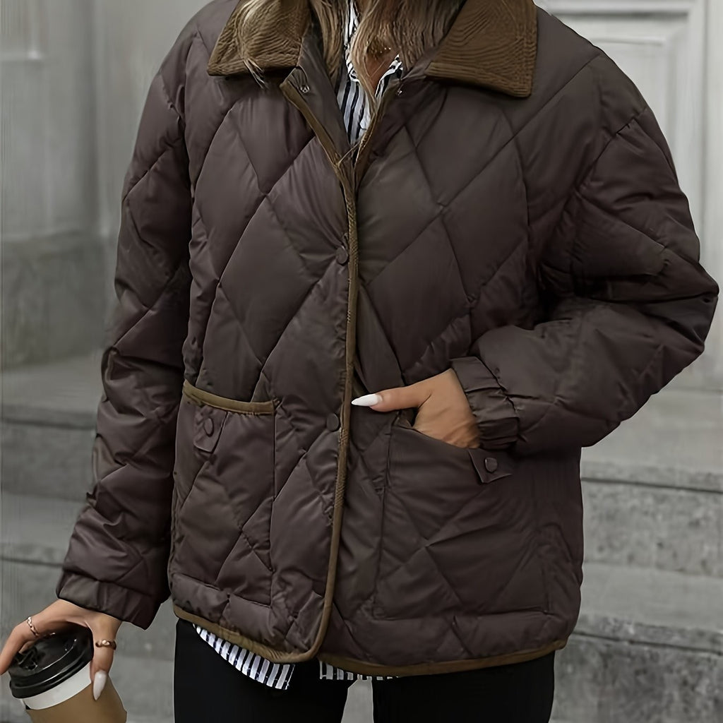 Women's Diamond Quilted Padded Jacket with Corduroy Collar
