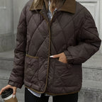 Women's Diamond Quilted Padded Jacket with Corduroy Collar