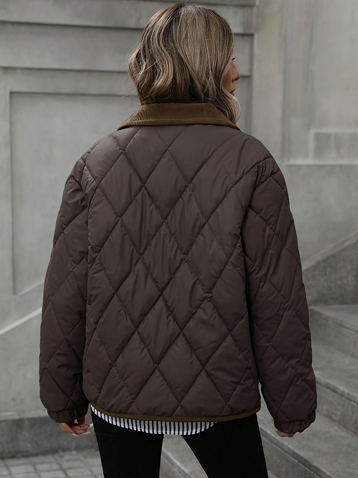 Women's Diamond Quilted Padded Jacket with Corduroy Collar