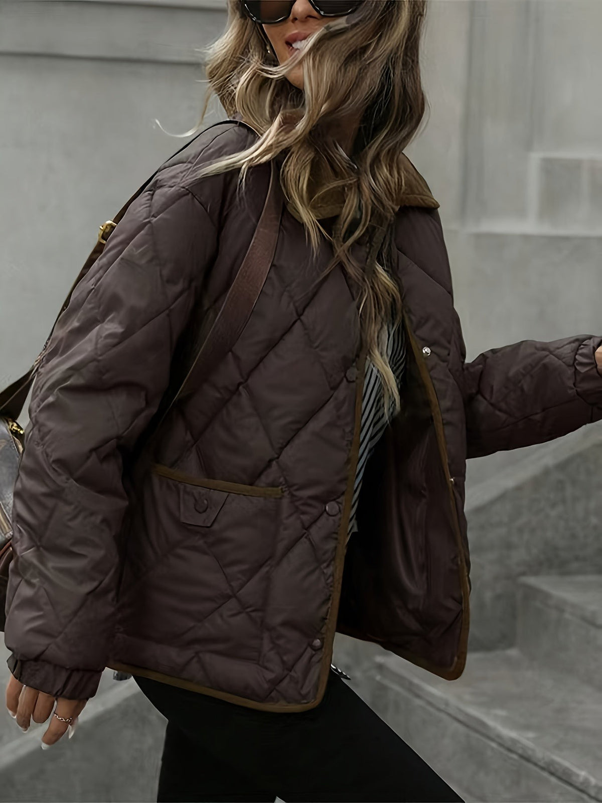Women's Diamond Quilted Padded Jacket with Corduroy Collar