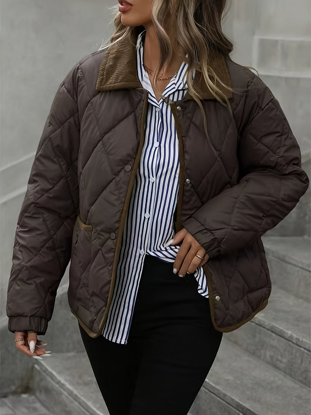 Women's Diamond Quilted Padded Jacket with Corduroy Collar