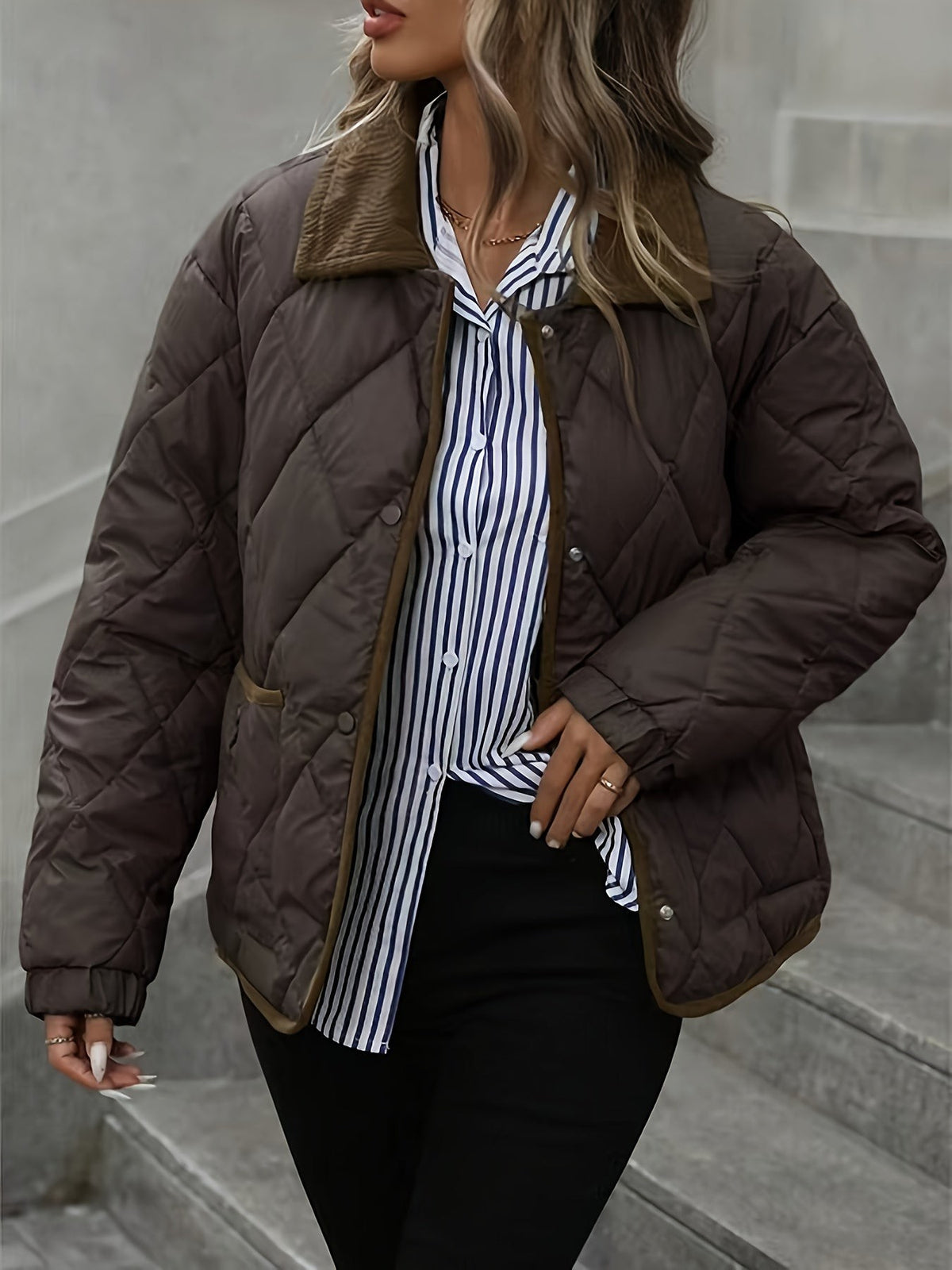Women's Diamond Quilted Padded Jacket with Corduroy Collar
