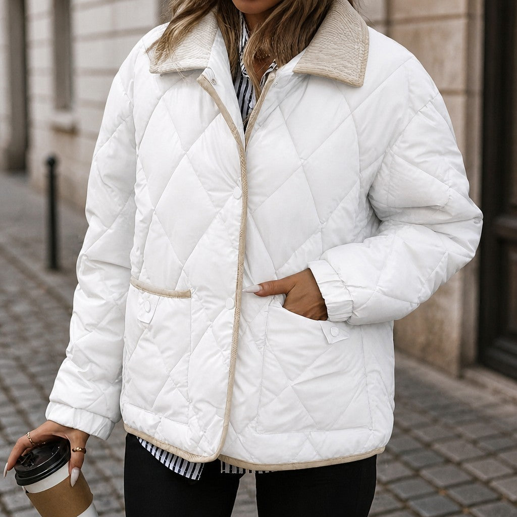 Women's Diamond Quilted Padded Jacket with Corduroy Collar