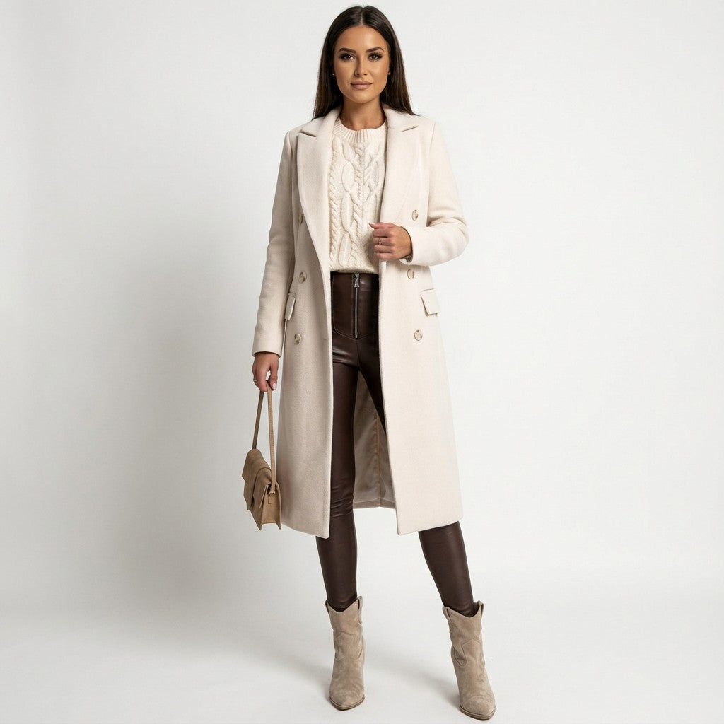 Women's Double-Breasted Midi Overcoat with Lapels