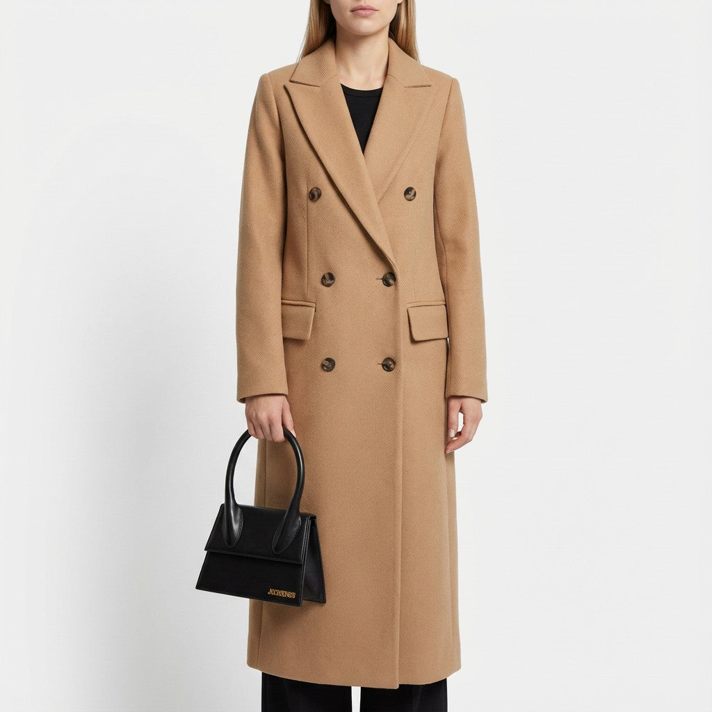 Women's Double-Breasted Midi Overcoat with Lapels
