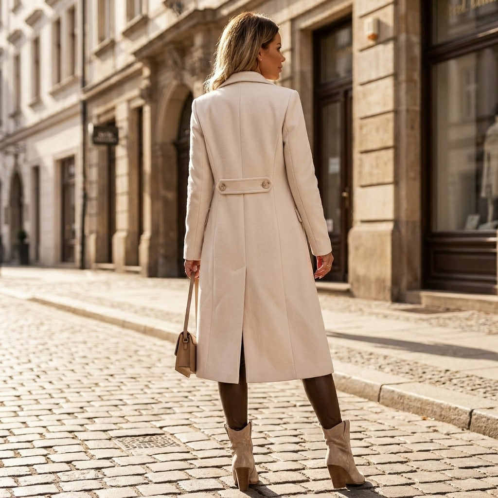 Women's Double-Breasted Midi Overcoat with Lapels
