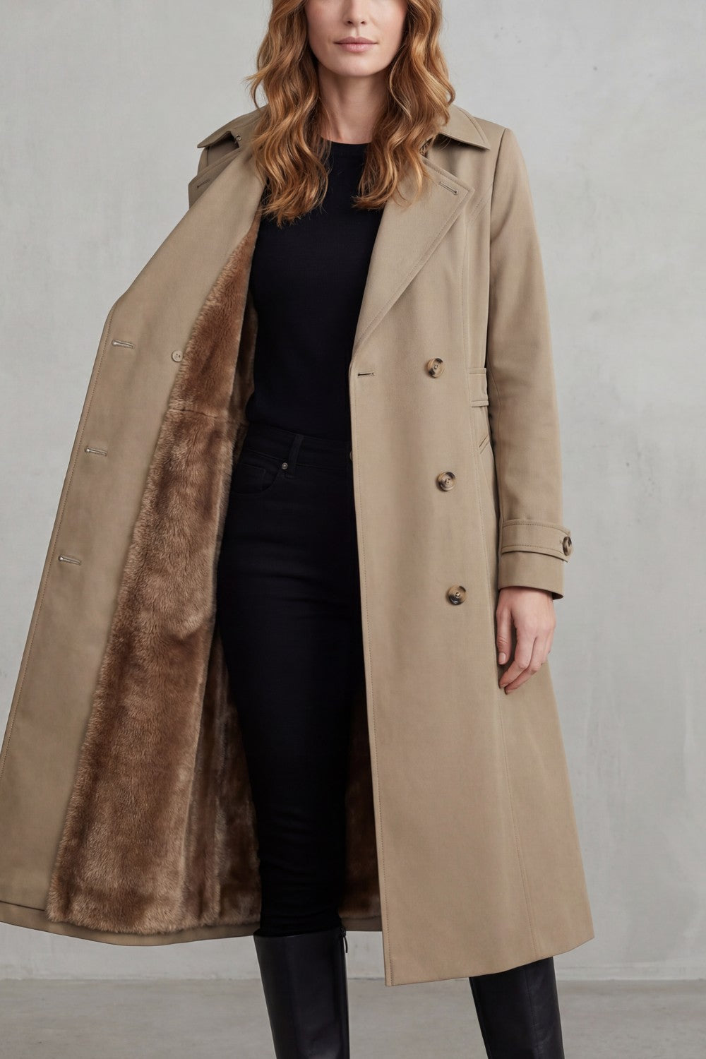 Women's Double-Breasted Trench Coat with Faux Fur Lining